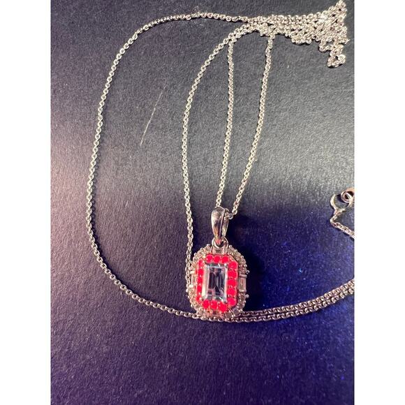 NEW Aquamarine pink sapphire necklace in rhodium and rose gold over 925 silver - Picture 3 of 14